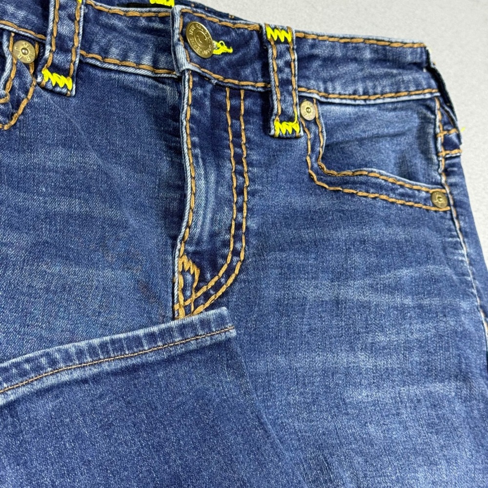 True Religion Stella Mid Rise‎ Skinny Jeans Dark Wash Yellow Stitching Womens 28